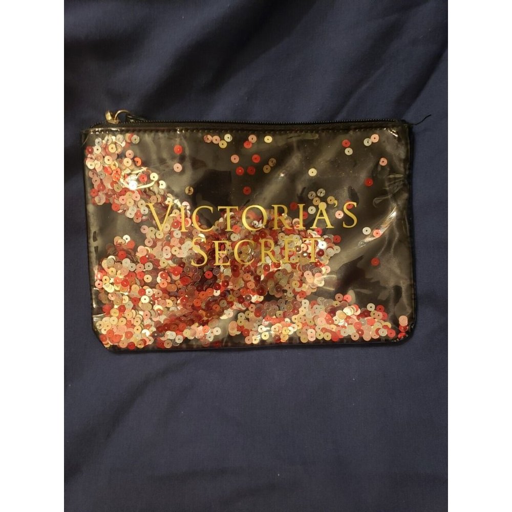 VICTORIA'S SECRET BLACK SEQUIN‎ CLIP ON MINI BAG MAKEUP COSMETIC PENCIL POUCH